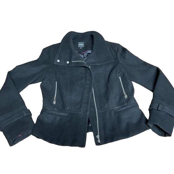 Express Jackets & Blazers - Express Womens Black Jacket Moto Poly Full Zip Collared Pockets Long Sleeve Sz M